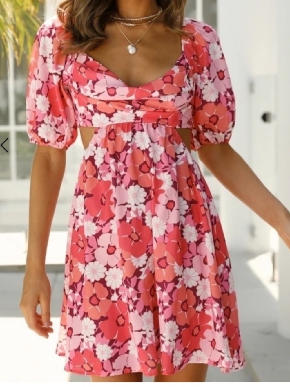 Hello Molly On the Beat Pink Red Floral Cutout Puff Sleeve Mini Dress Sz 6/M